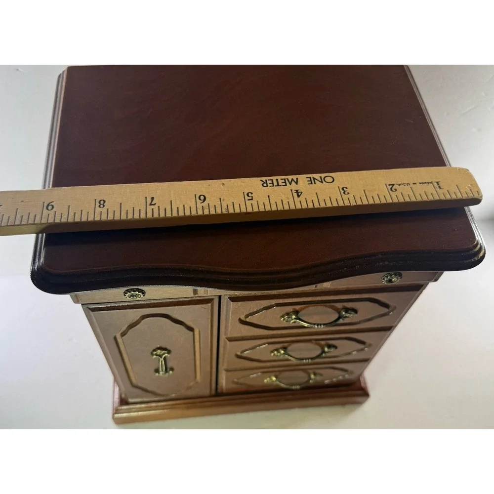 Vintage Wooden Jewelry Armoire Chest Box Taiwan Brass Hardware Multi Drawer 11